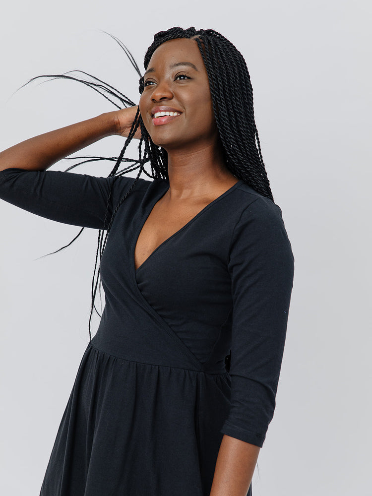 Callie 3/4 Sleeve Wrap Dress - Black