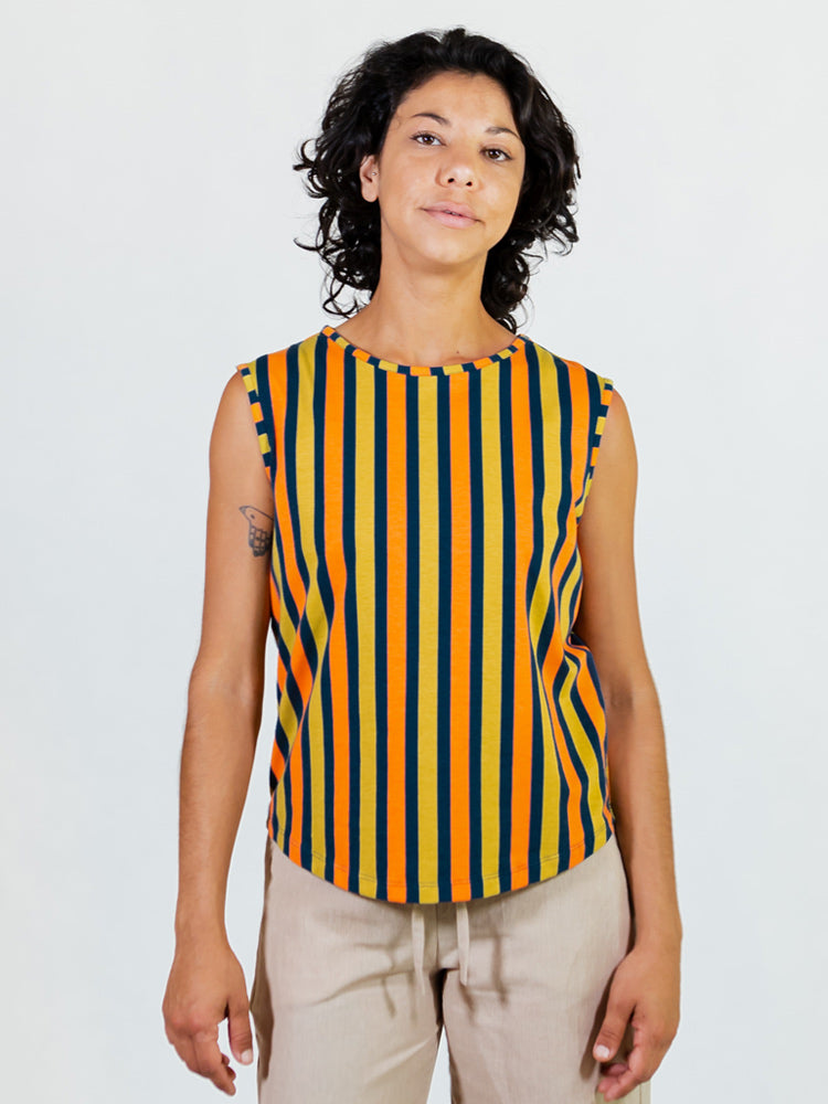 Millie Muscle Tee - Navy Chartreuse Stripe