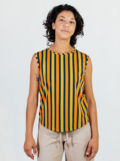 Millie Muscle Tee - Navy Chartreuse Stripe