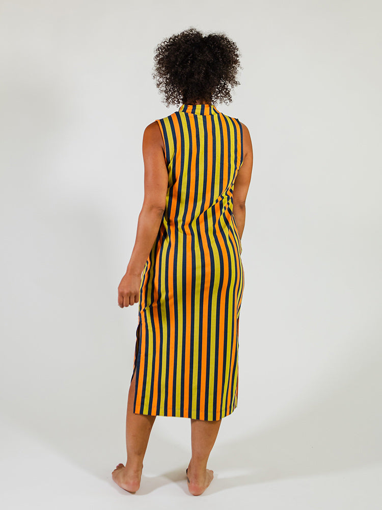 Maggie Mock Neck Dress - Navy Chartreuse Stripe