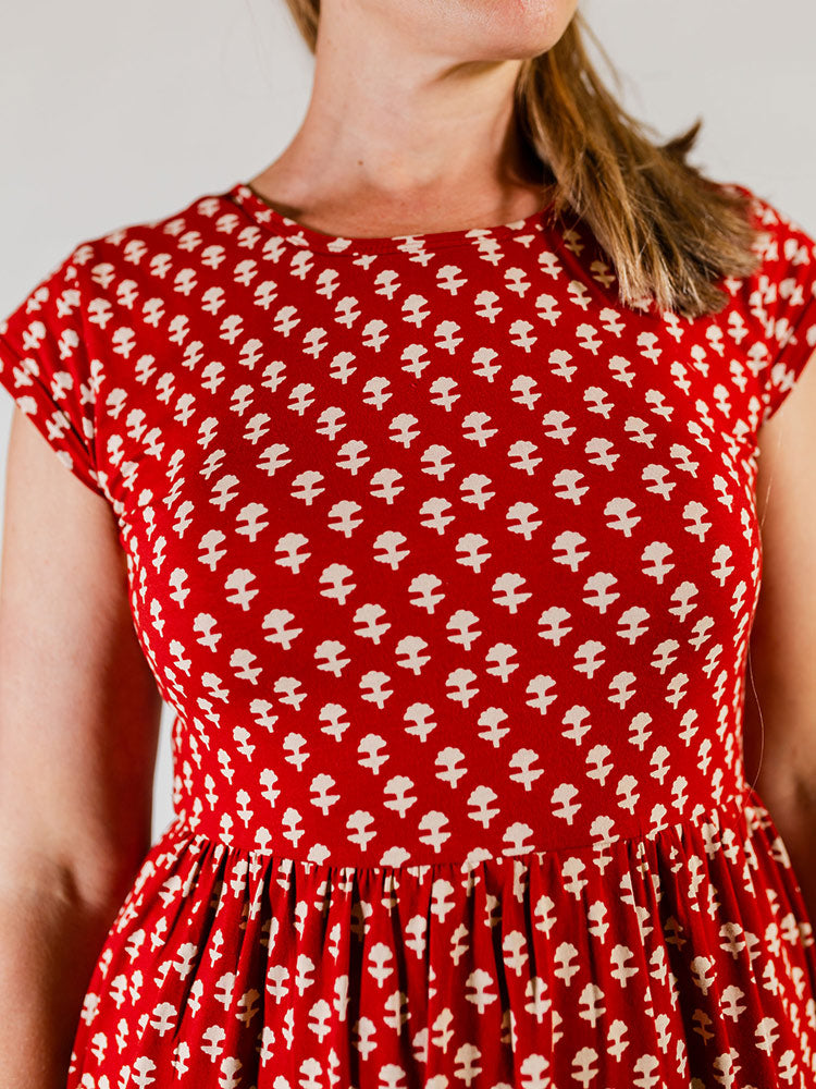 Tiered Jersey Dress - Micro Floral Red