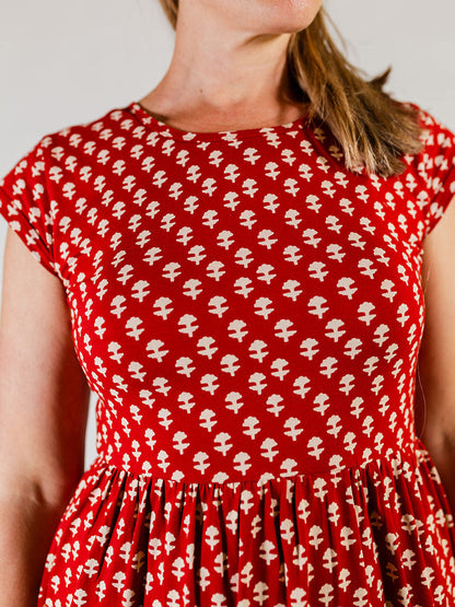 Tiered Jersey Dress - Micro Floral Red