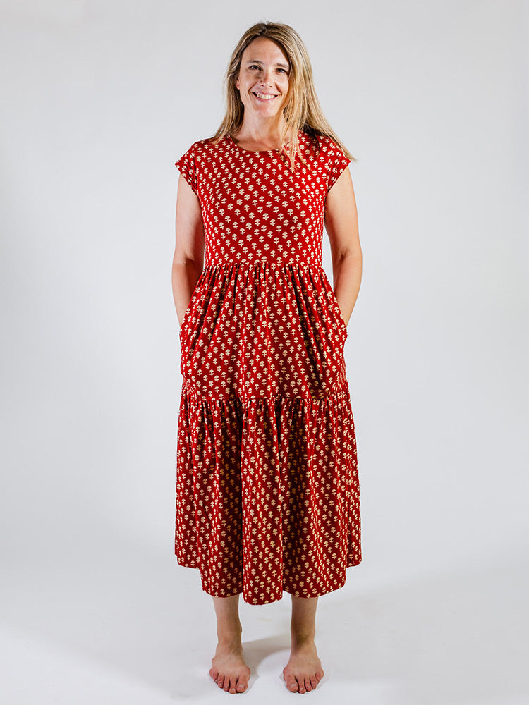 Tiered Jersey Dress - Micro Floral Red