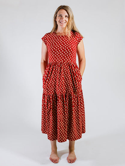 Tiered Jersey Dress - Micro Floral Red