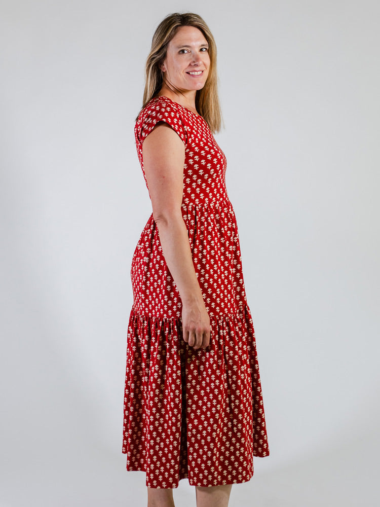 Tiered Jersey Dress - Micro Floral Red