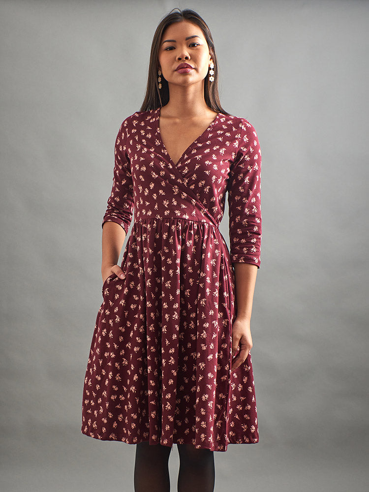 Callie 3/4 Sleeve Wrap Dress - Burgundy Bouquet