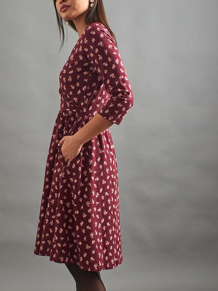 Callie 3/4 Sleeve Wrap Dress - Burgundy Bouquet
