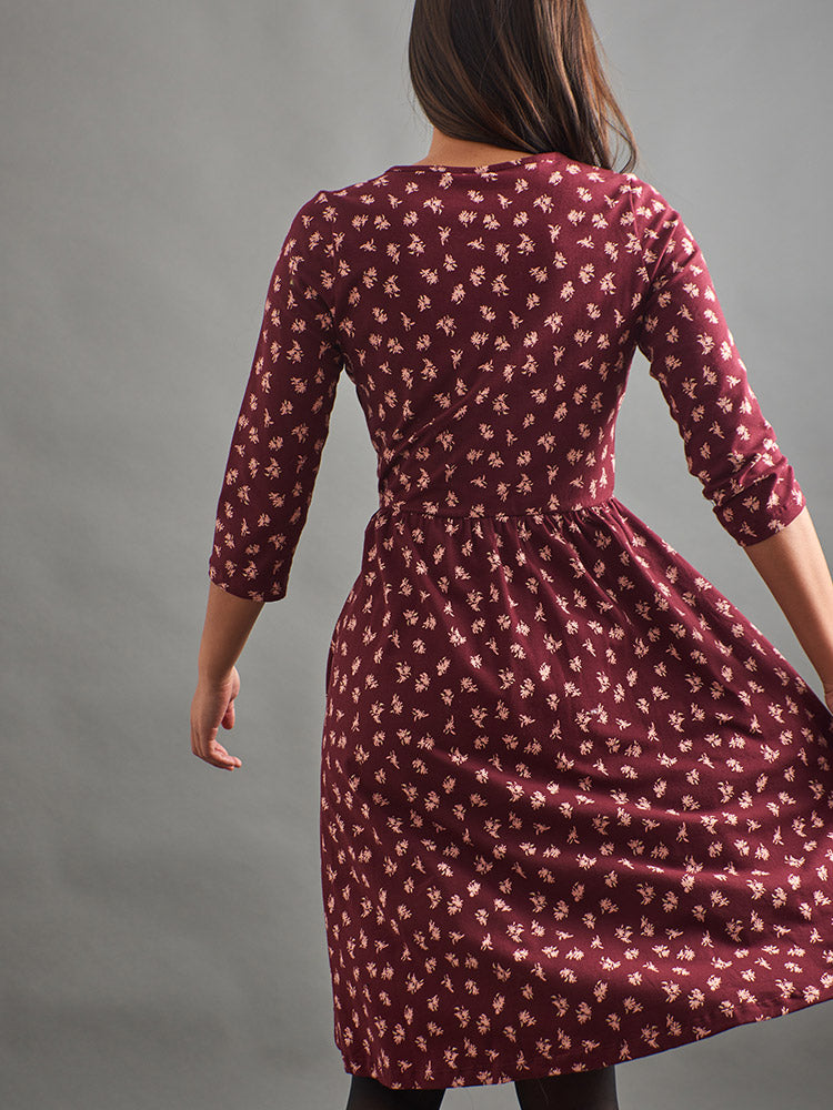 Callie 3/4 Sleeve Wrap Dress - Burgundy Bouquet