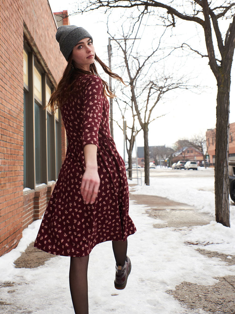 Callie 3/4 Sleeve Wrap Dress - Burgundy Bouquet