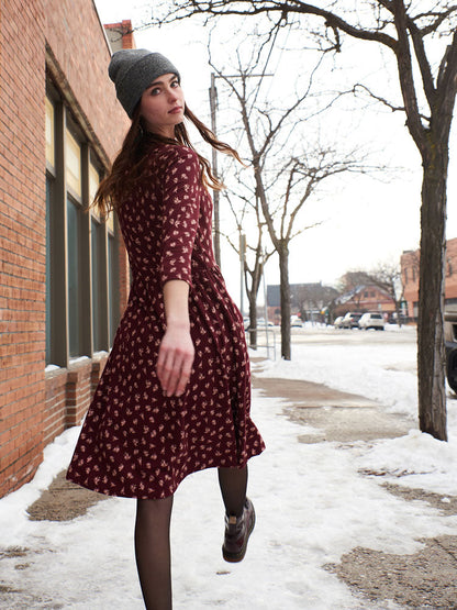 Callie 3/4 Sleeve Wrap Dress - Burgundy Bouquet
