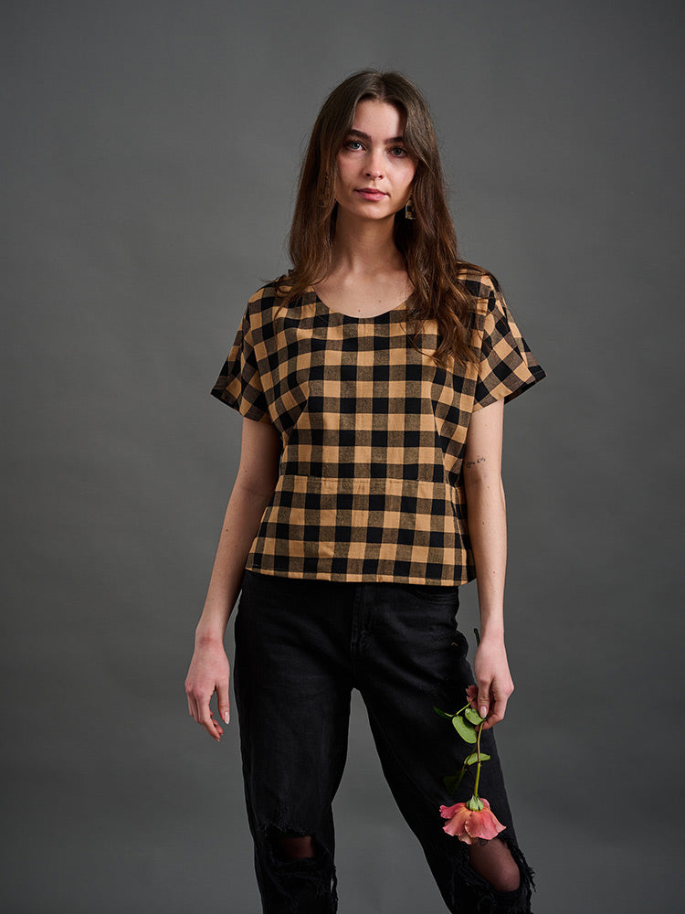 Odelia Top - Black and Tan Gingham