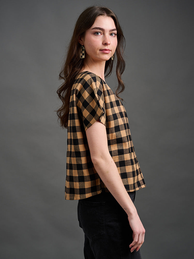 Odelia Top - Black and Tan Gingham