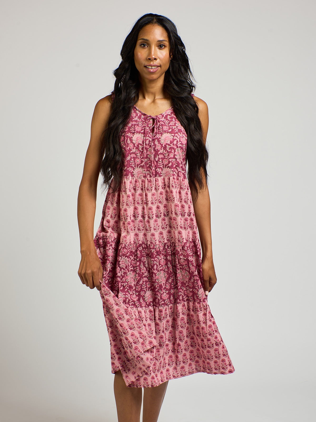 Thais Tiered Sleeveless Dress - Magenta Vine Floral