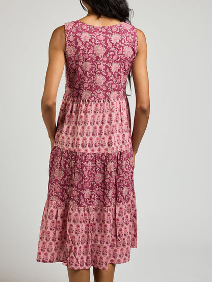 Thais Tiered Sleeveless Dress - Magenta Vine Floral