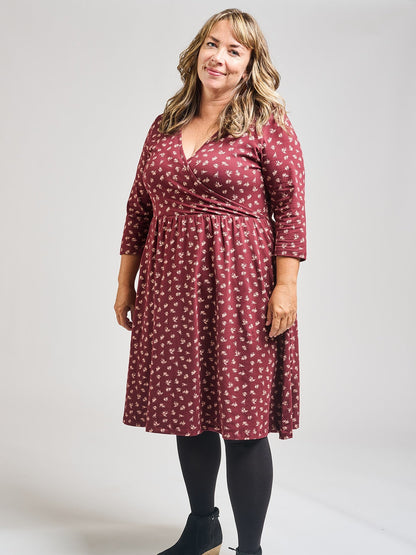 Callie 3/4 Sleeve Plus Size Wrap Dress - Burgundy Bouquet