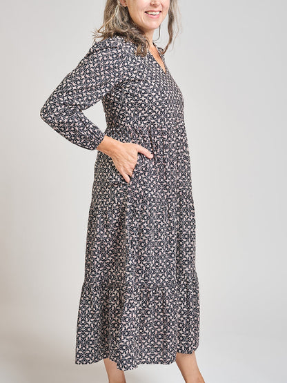 Norah Tiered Dress - Black Botanical