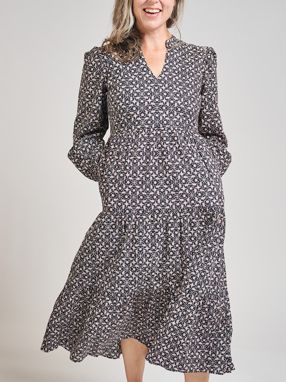 Norah Tiered Dress - Black Botanical