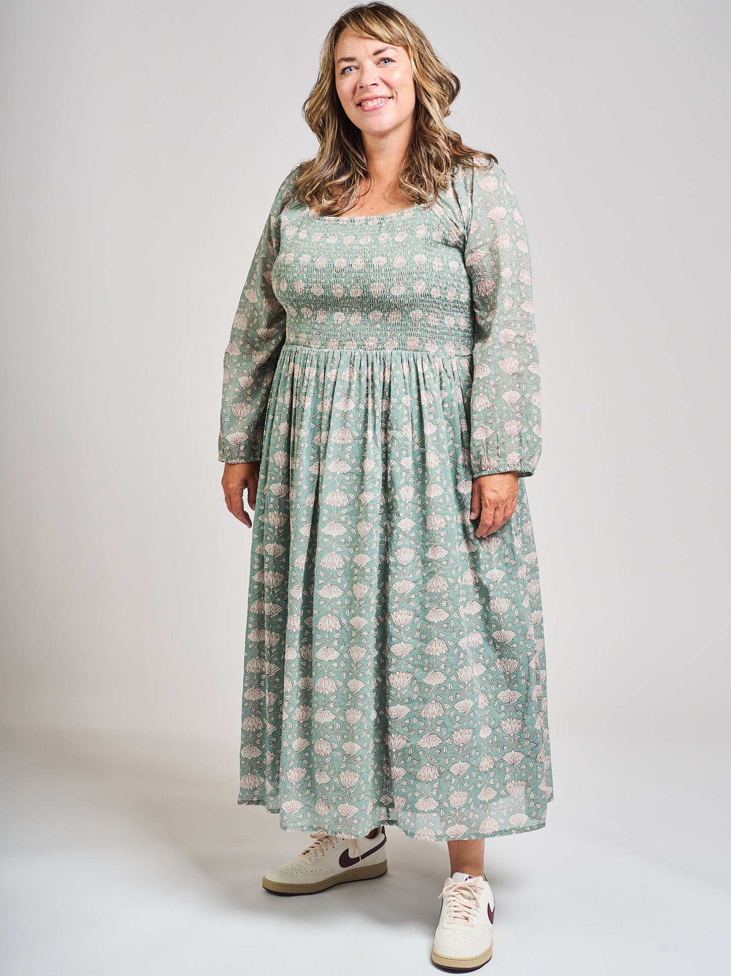 Hailee Smocked Plus Size Midi Dress - Aegean Teal Floral