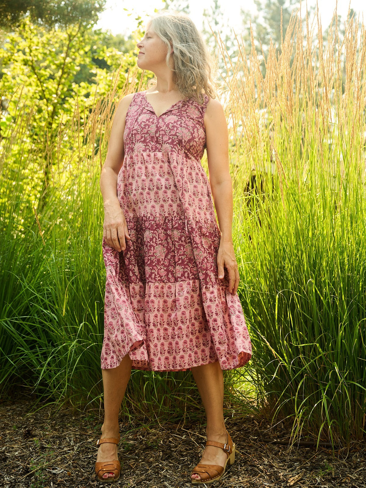 Thais Tiered Sleeveless Dress - Magenta Vine Floral