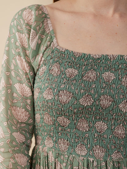 Hailee Smocked Midi Dress - Aegean Teal Floral