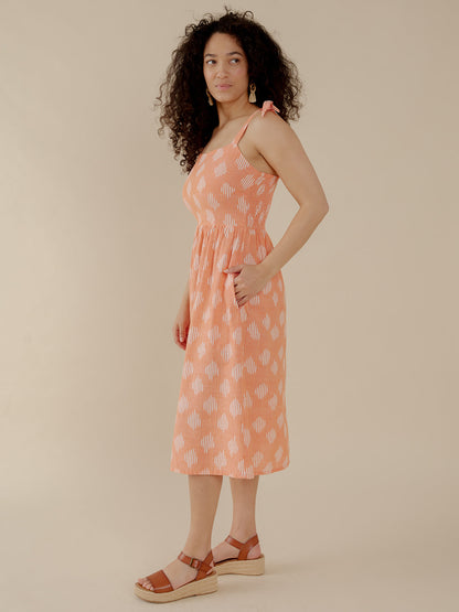 Provence Midi Dress - Peach Ikat
