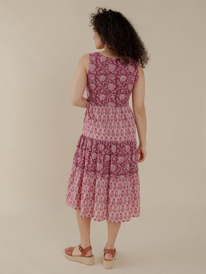 Thais Tiered Sleeveless Dress - Magenta Vine Floral