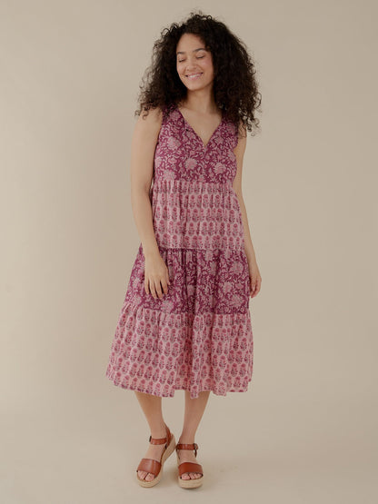 Thais Tiered Sleeveless Dress - Magenta Vine Floral