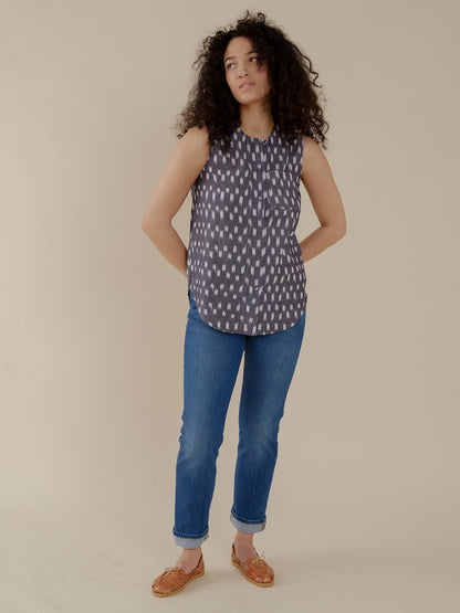 Eleni Sleeveless Tunic Top - Blue Ikat